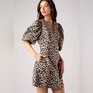 Dance & Marvel Leopard Print V Neck Dress with Puff Sleeves